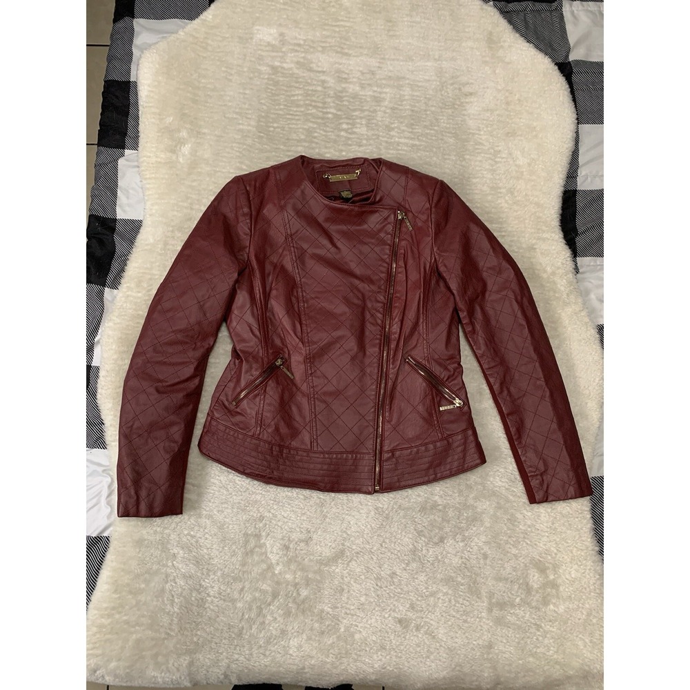 Iman Womens Red Leather Y2K Moto Zip Up Jacket Size Medium